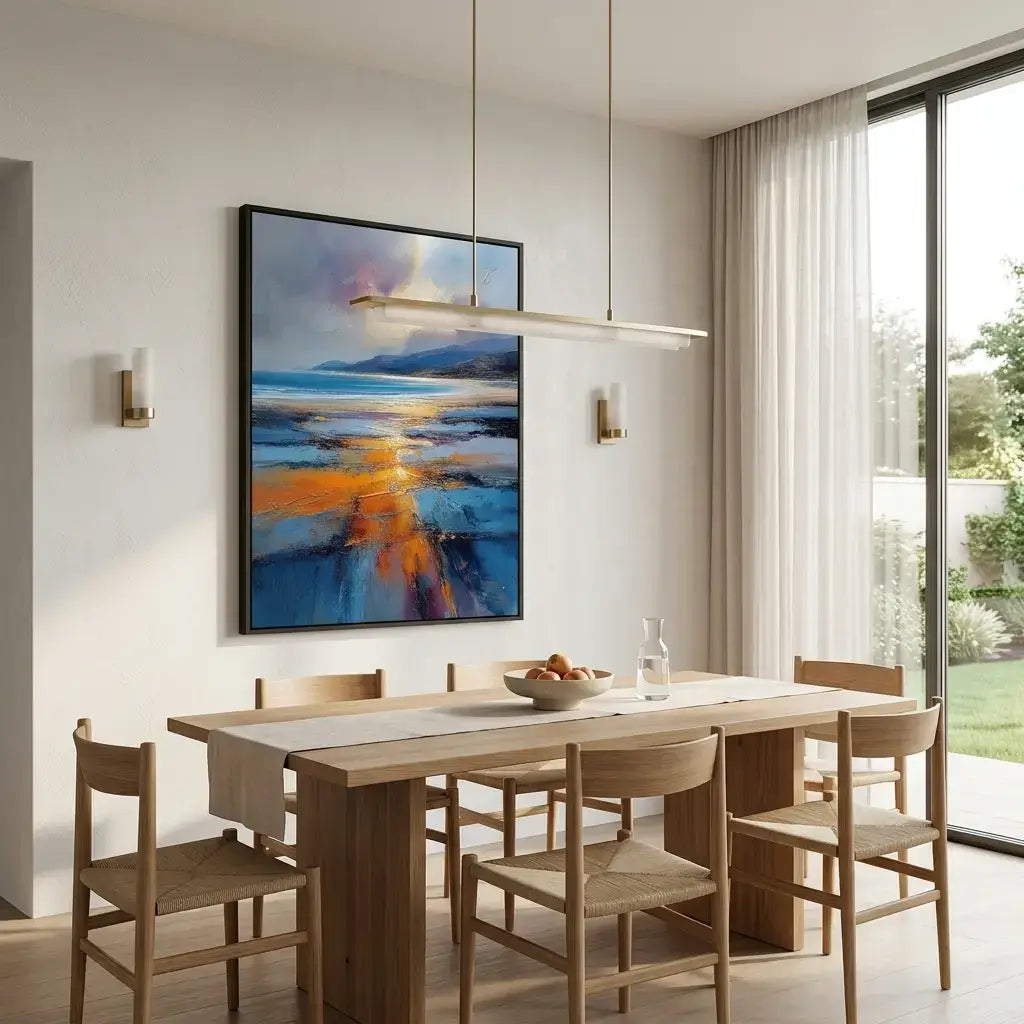 Modern dining room with wooden table and chairs, abstract painting on the wall, and large windows.