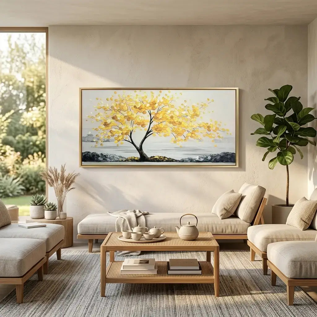 Modern living room with beige sofa, coffee table, and decorative wall art of a tree with yellow leaves.