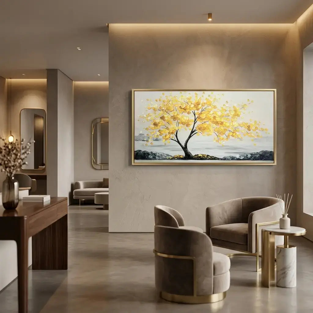 Modern living room with a painting of a yellow tree on the wall