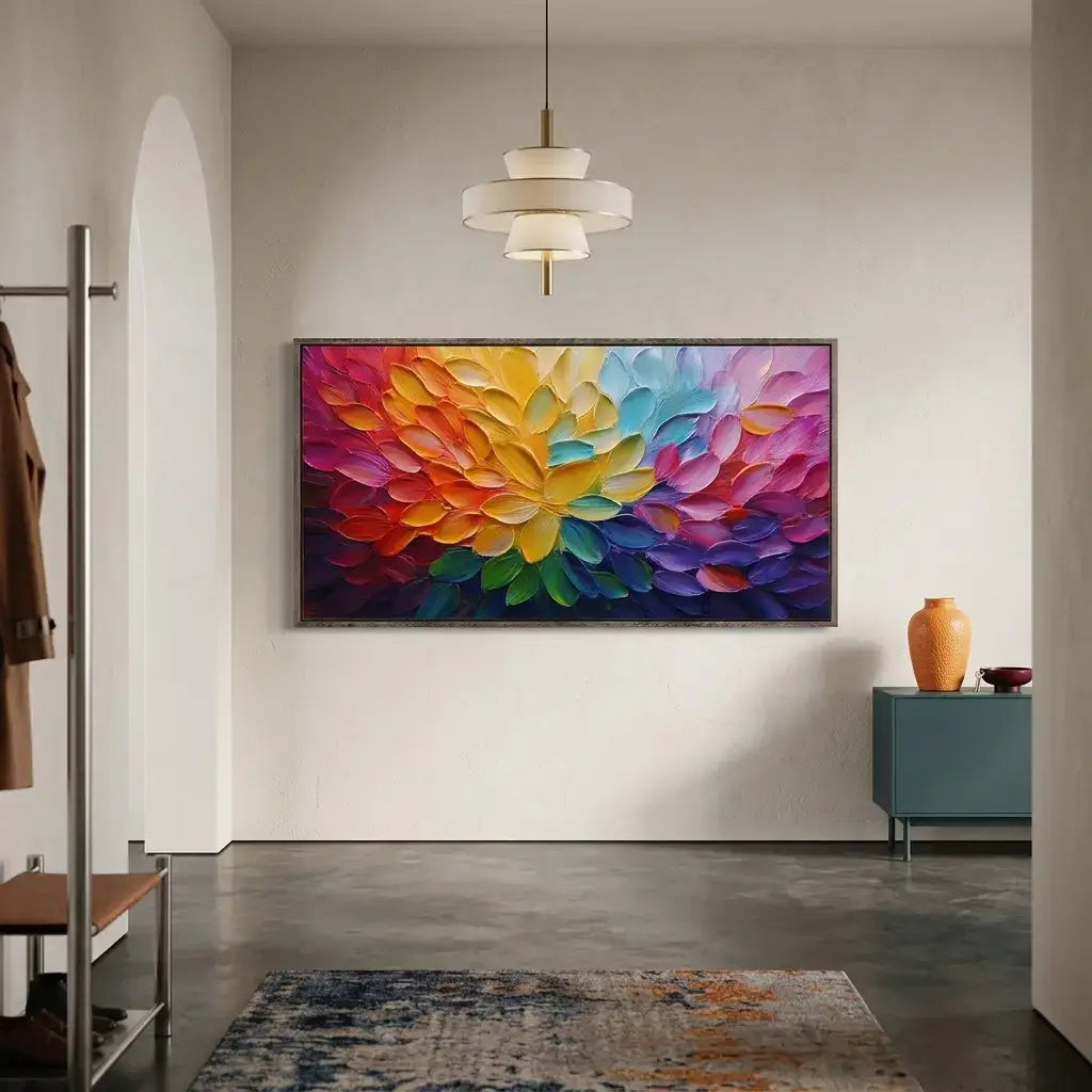 Colorful abstract painting on a wall in a modern room with a rug and cabinet.
