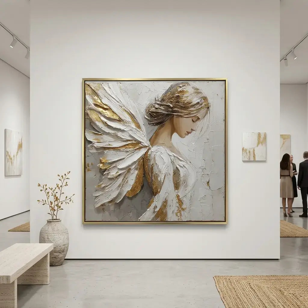 Art gallery with a large abstract painting of a woman with wings on the wall.