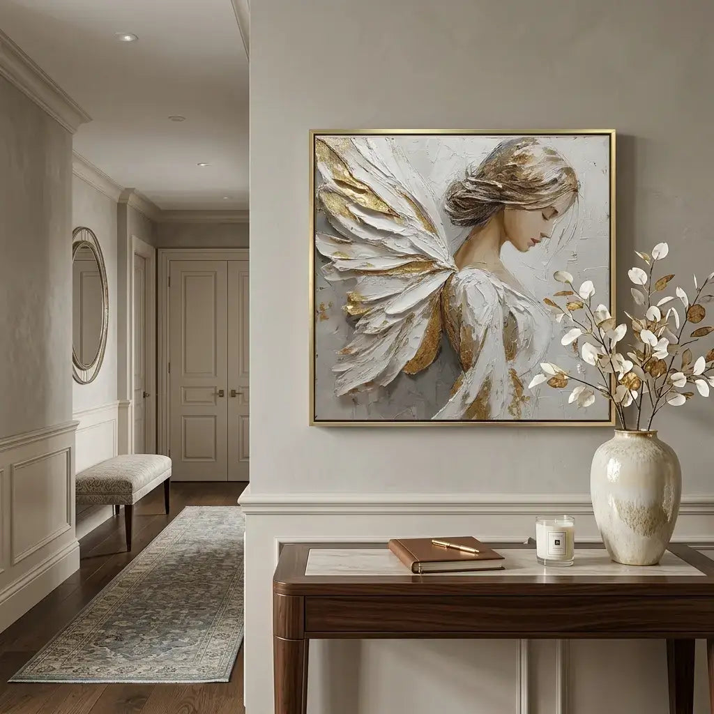Decorative painting of a woman with wings on a wall in a stylish interior setting.