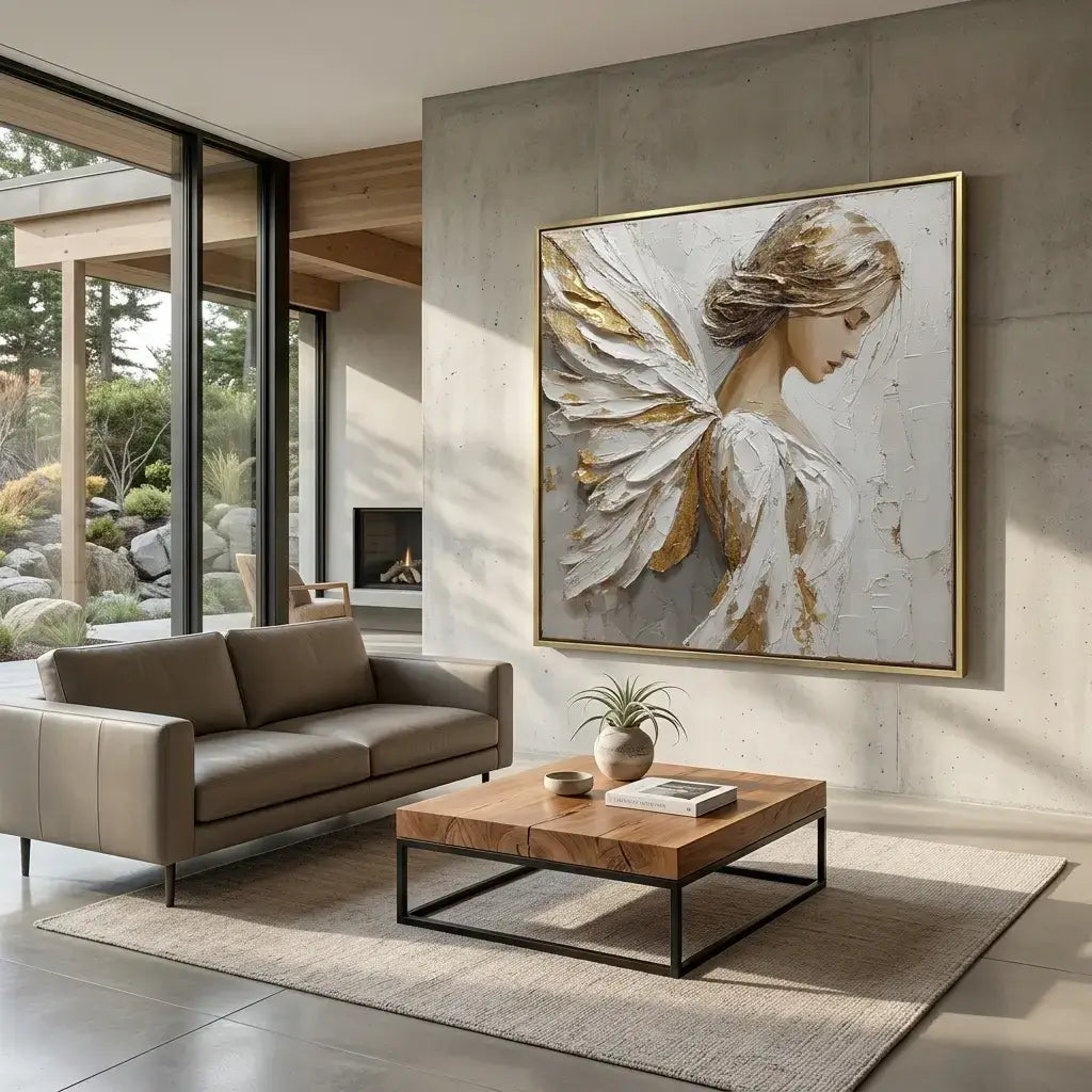 Modern living room with a brown sofa, wooden coffee table, and a large wall art of a woman with wings.