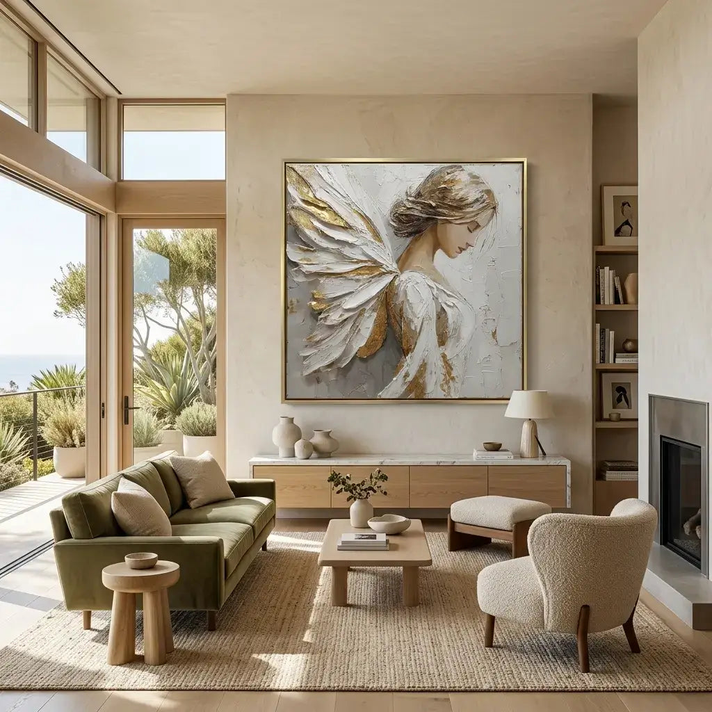 Modern living room with a large angel painting on the wall