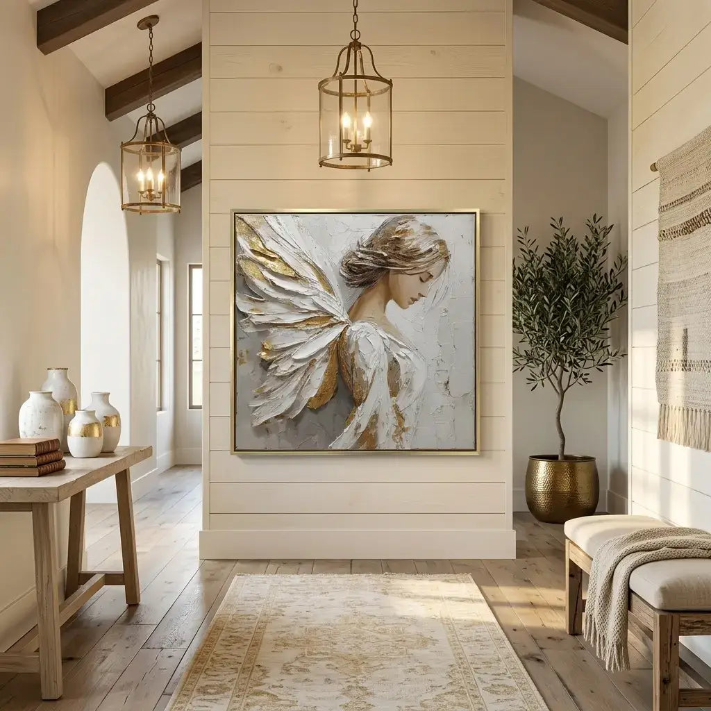 Decorative angel painting on a wall in a stylish room with wooden furniture and plants.