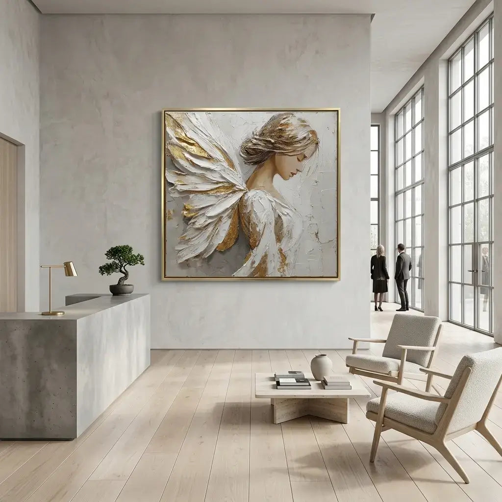 Modern interior with a large abstract painting of a woman on a wall, chairs, and a coffee table.
