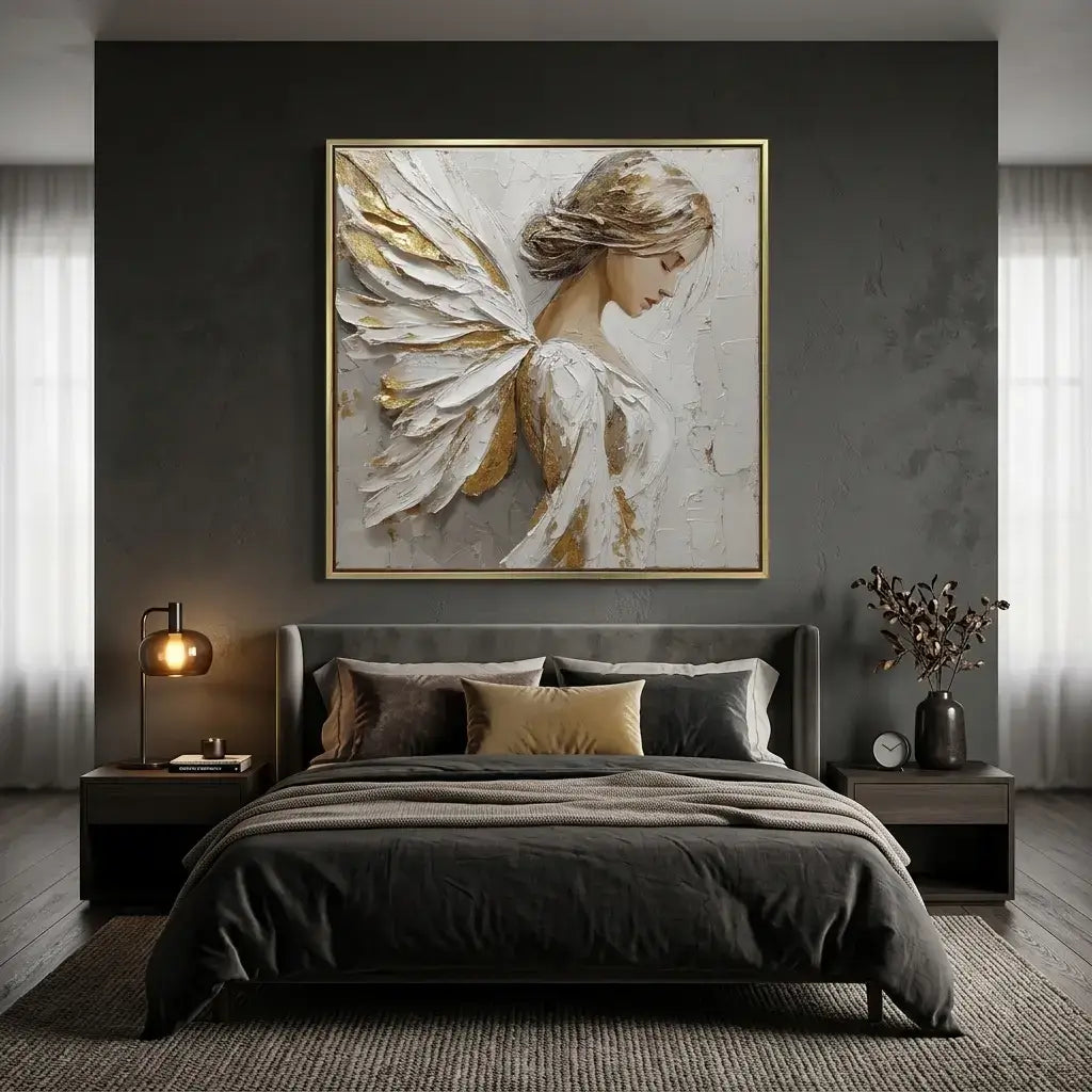 Modern bedroom with a large abstract painting of an angel on the wall.