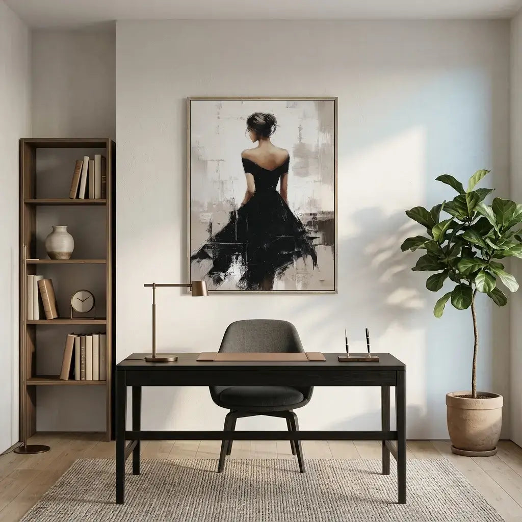 Modern home office with a desk, chair, bookshelf, and framed artwork on the wall.
