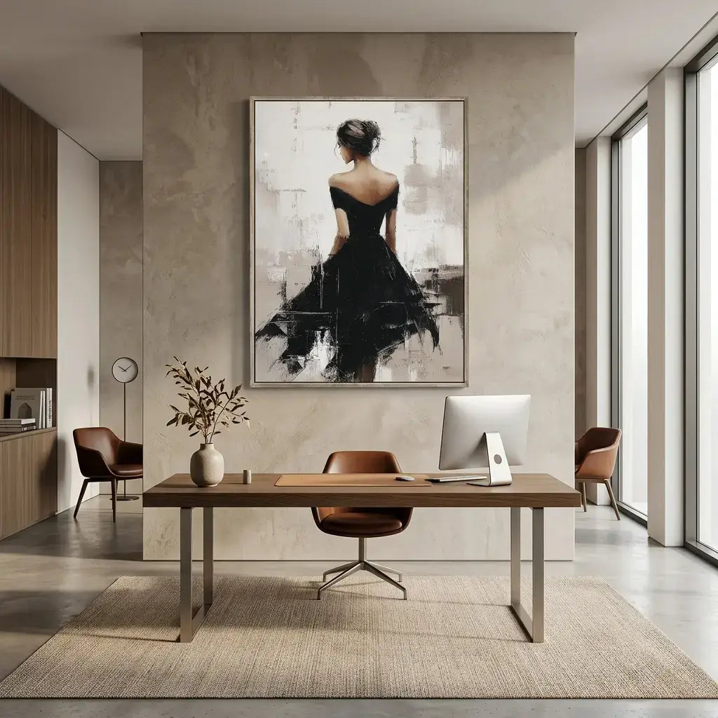 Modern office interior with a large painting of a woman in a black dress on a wall.