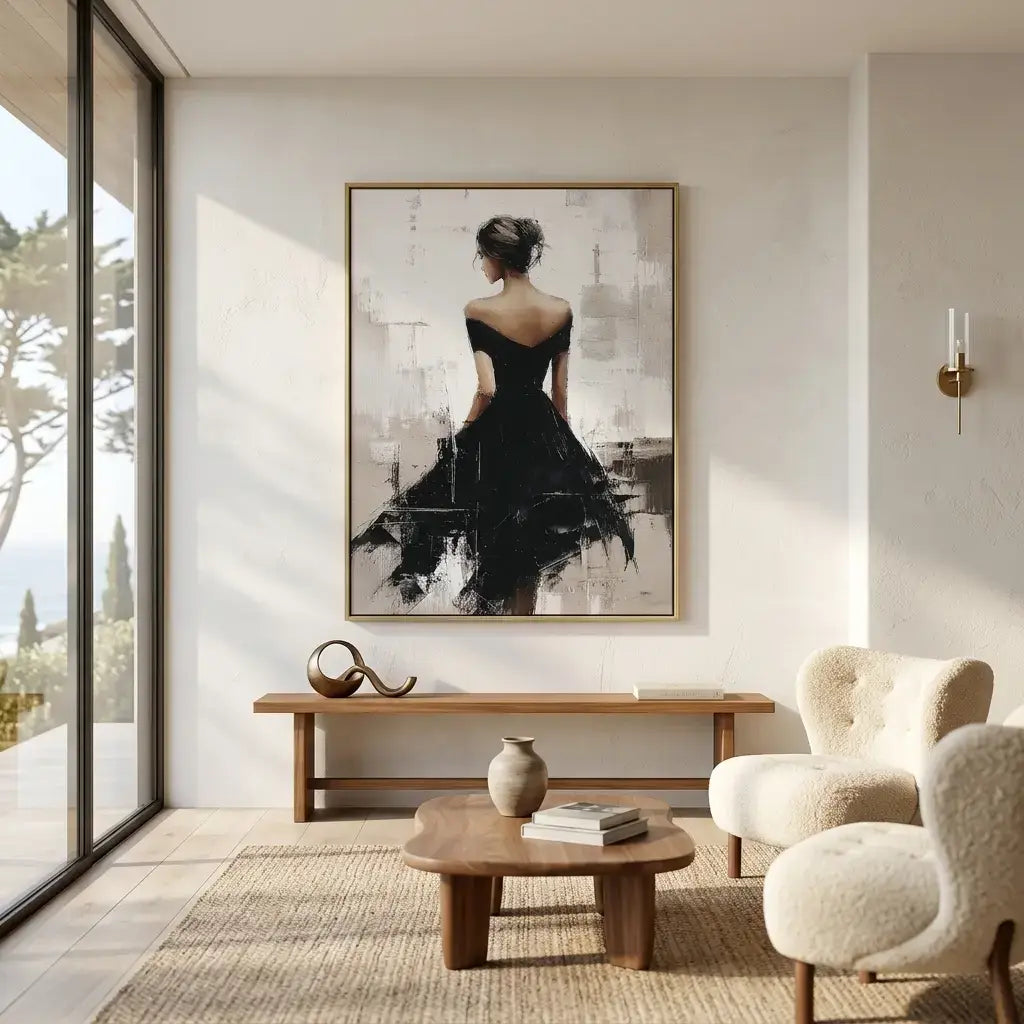 Modern interior with clothing rack, mirror, and artwork of a woman in a black dress.