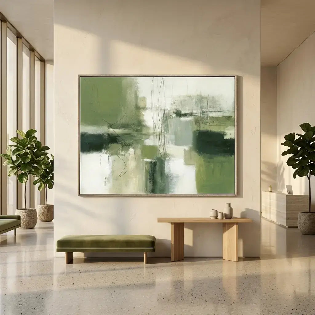 Modern interior with abstract green painting on wall, wooden bench, and plants.