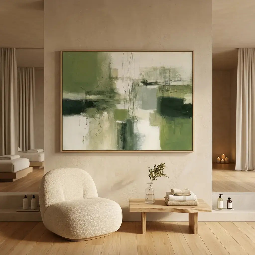 Modern interior with abstract painting, beige armchair, and wooden coffee table.