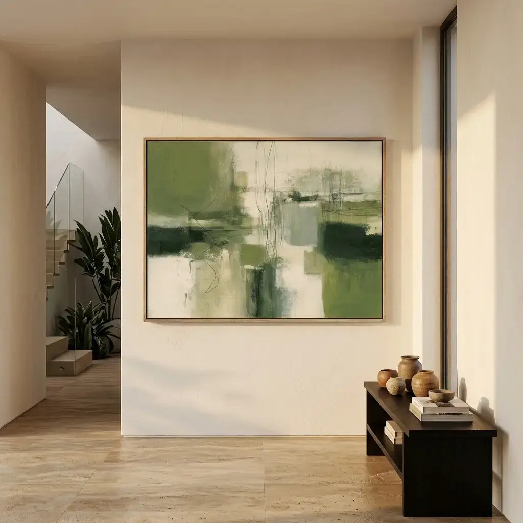 Modern interior with abstract green painting on a wall