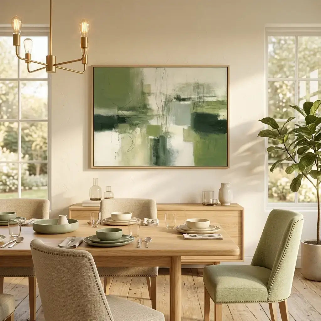 Dining room with a wooden table set for a meal, abstract painting on the wall, and a plant.