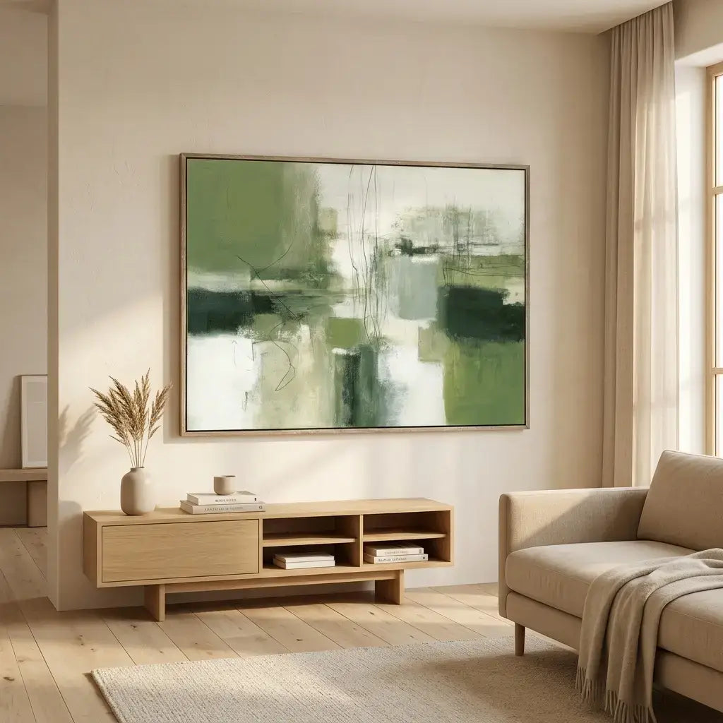 Modern living room with an abstract painting, a wooden TV stand, and a beige sofa.