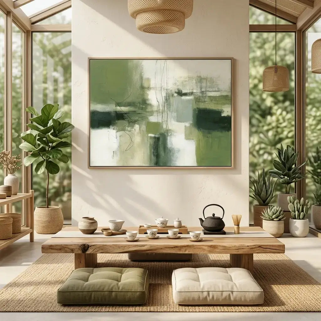 Modern living room with wooden coffee table, plants, and abstract art