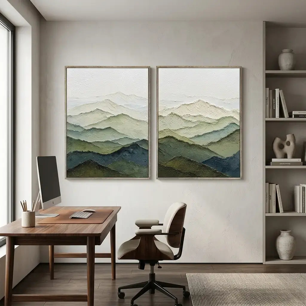 Modern home office with wooden desk, chair, and mountain-themed wall art.