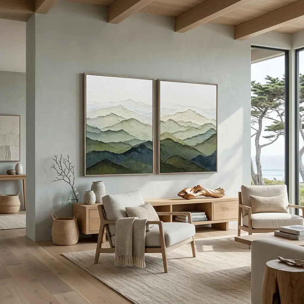 Modern living room with two mountain landscape paintings on a wall.