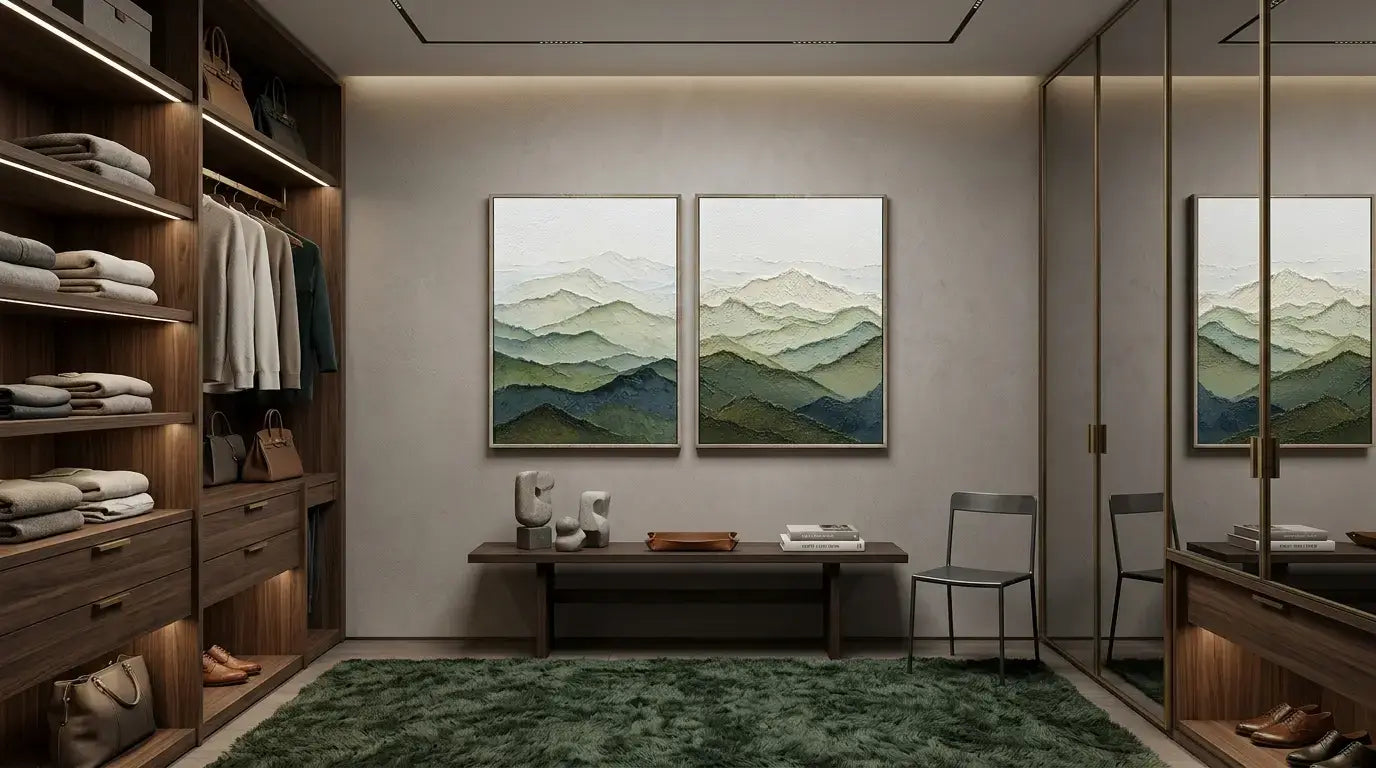 Modern office interior with wooden shelves, desk, and wall art.