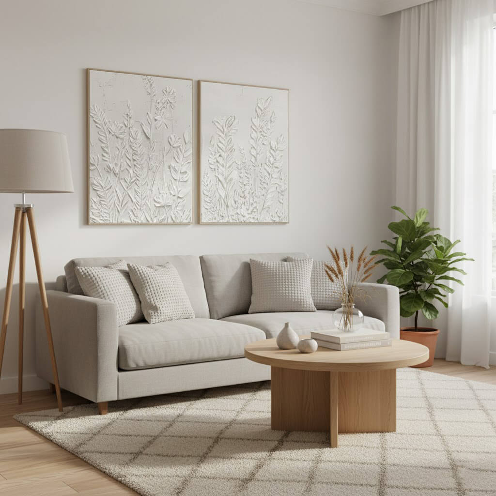 Modern living room with a gray sofa, wooden coffee table, and decorative elements.