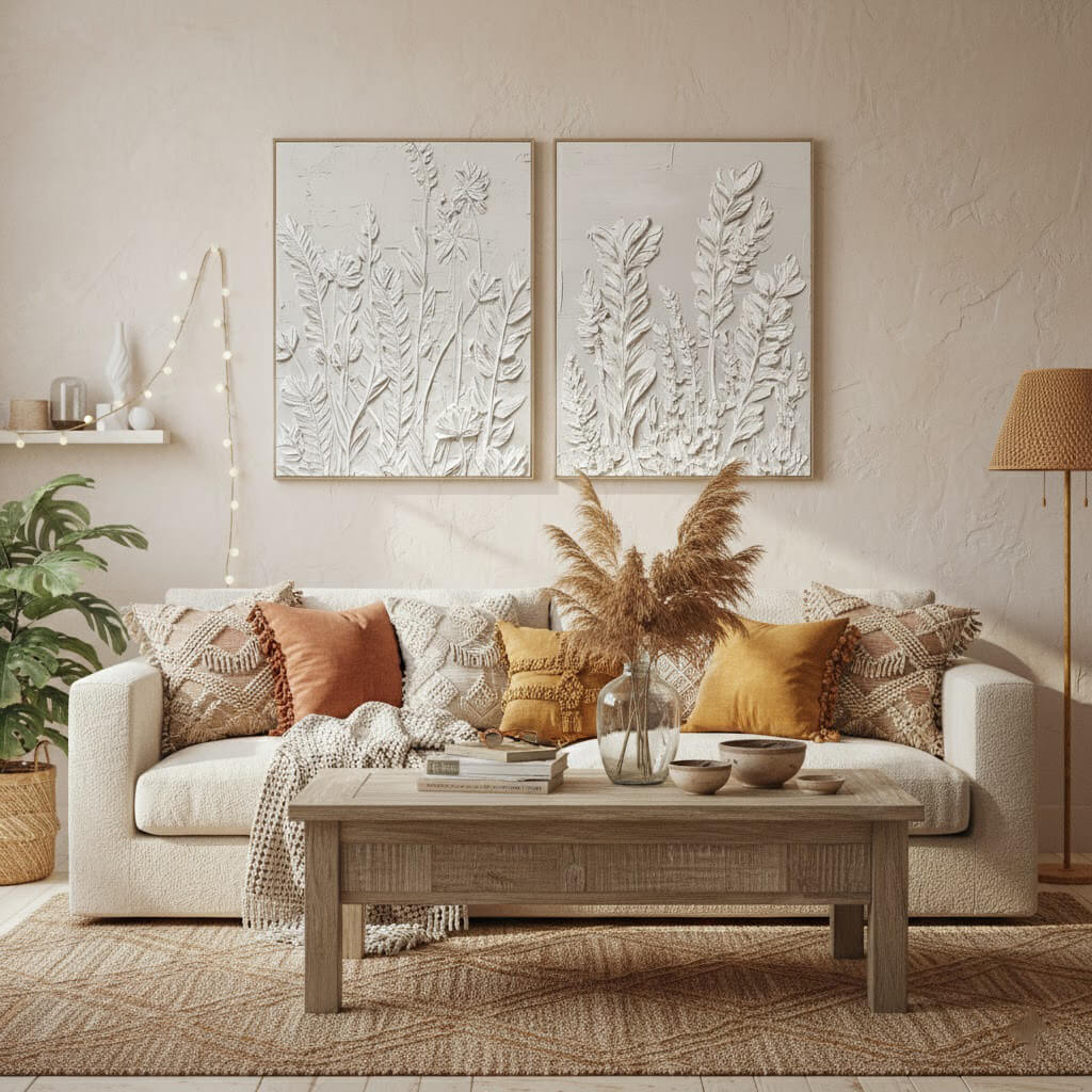 Cozy living room with a beige sofa, decorative pillows, and a wooden coffee table.