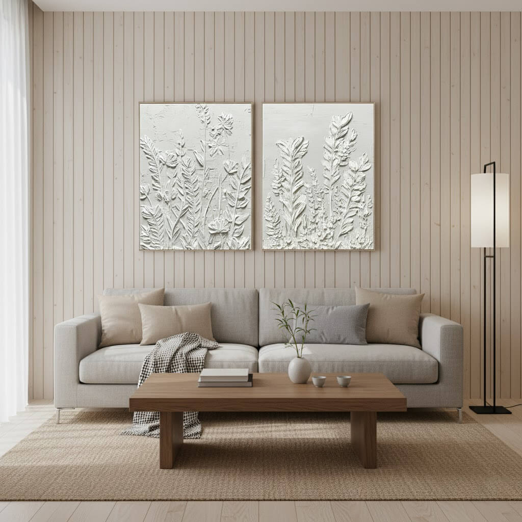 Modern living room with a gray sofa, wooden coffee table, and decorative wall art.