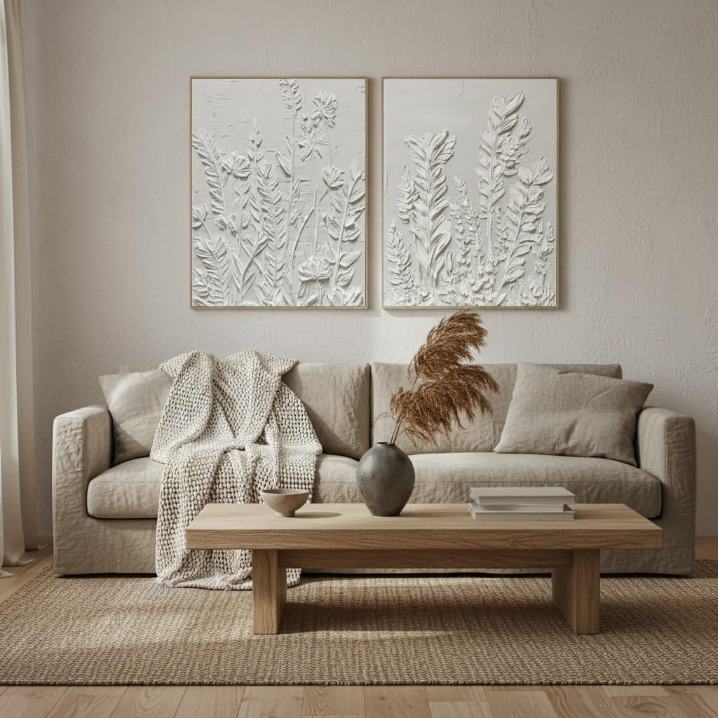Living room with a beige sofa, wooden coffee table, and decorative wall art.