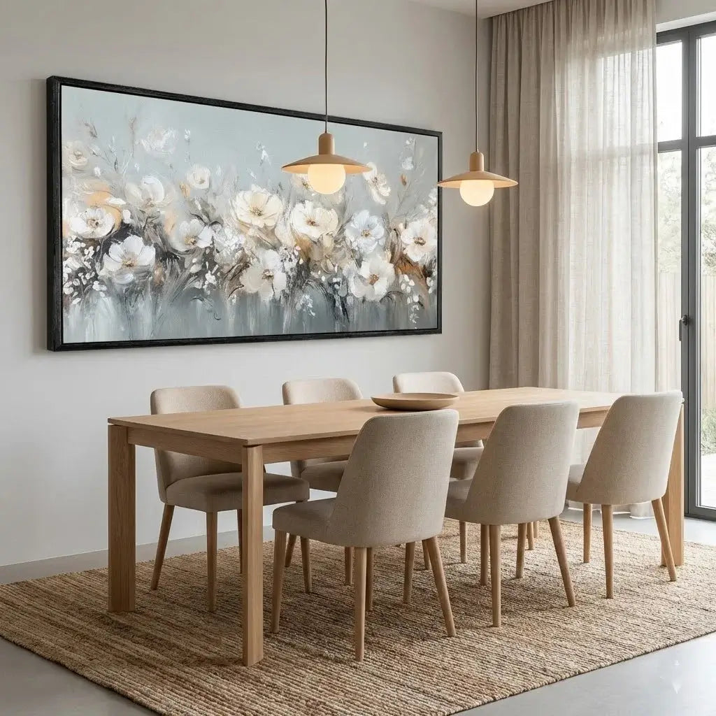 Dining room with wooden table and chairs, large floral painting on the wall, and pendant lights.