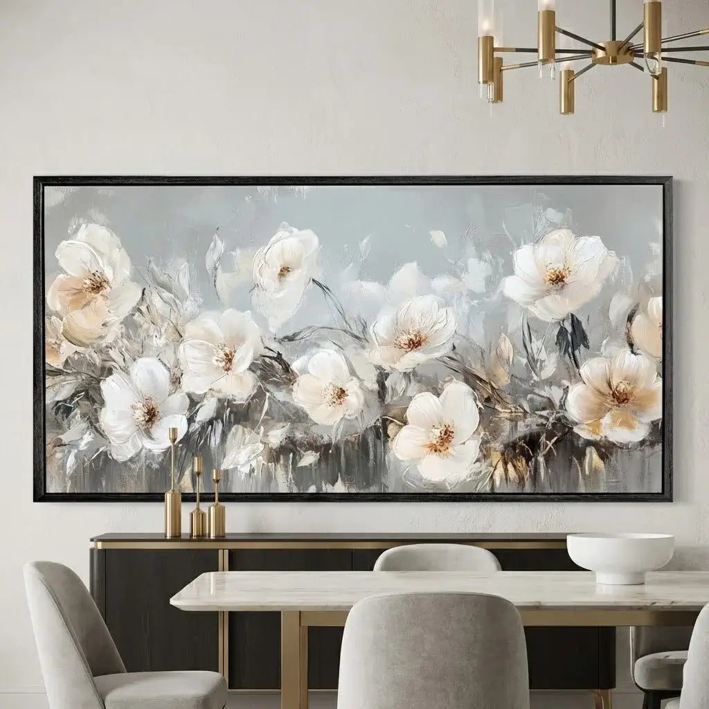 Large floral painting in a modern dining room with a chandelier.