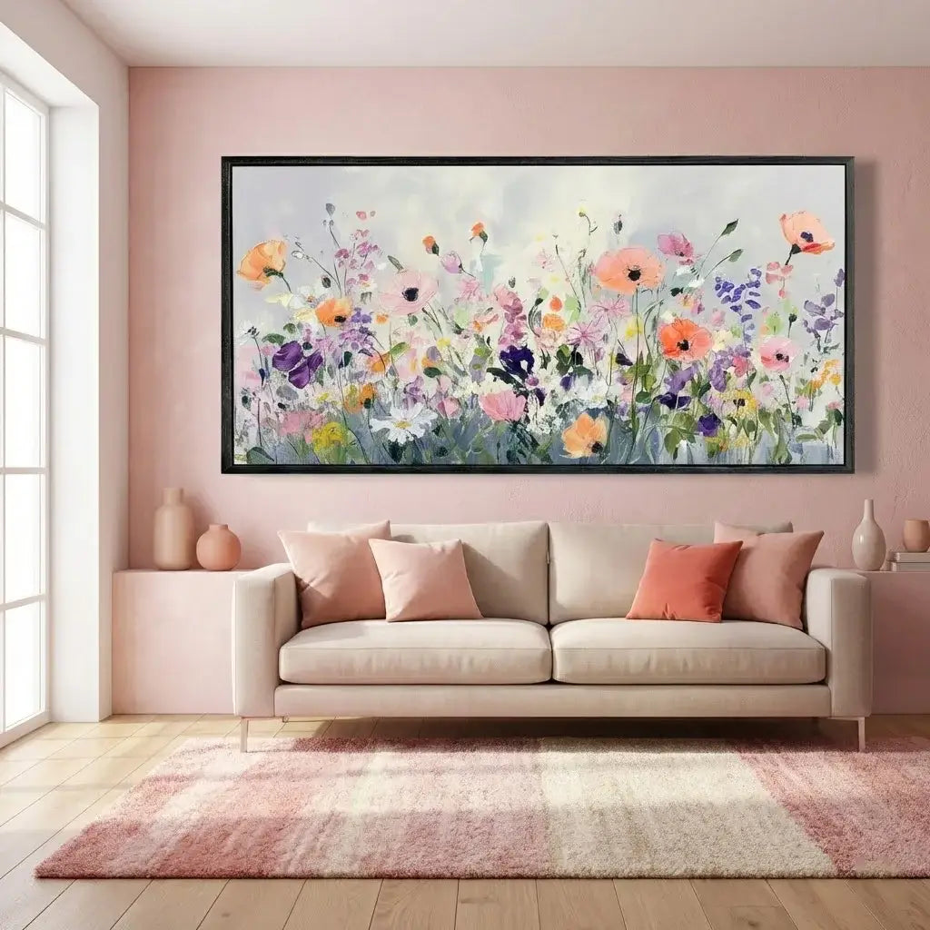 Living room with a floral painting above a beige sofa with colorful cushions.