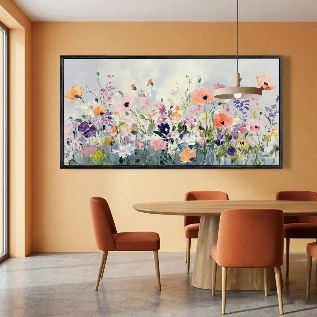 Dining room with a large floral painting on the wall, wooden table, and orange chairs.