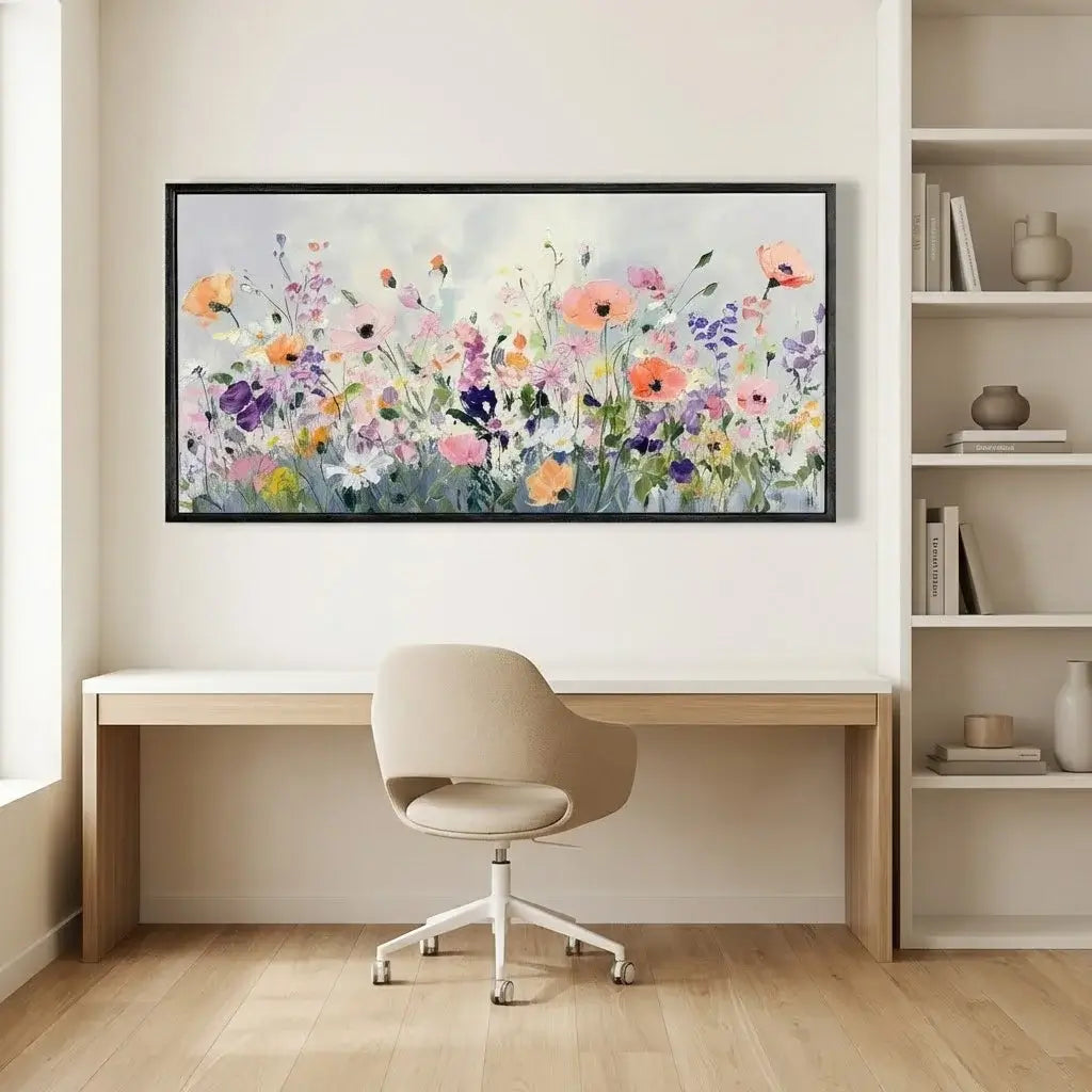 Floral painting above a desk in a home office setting