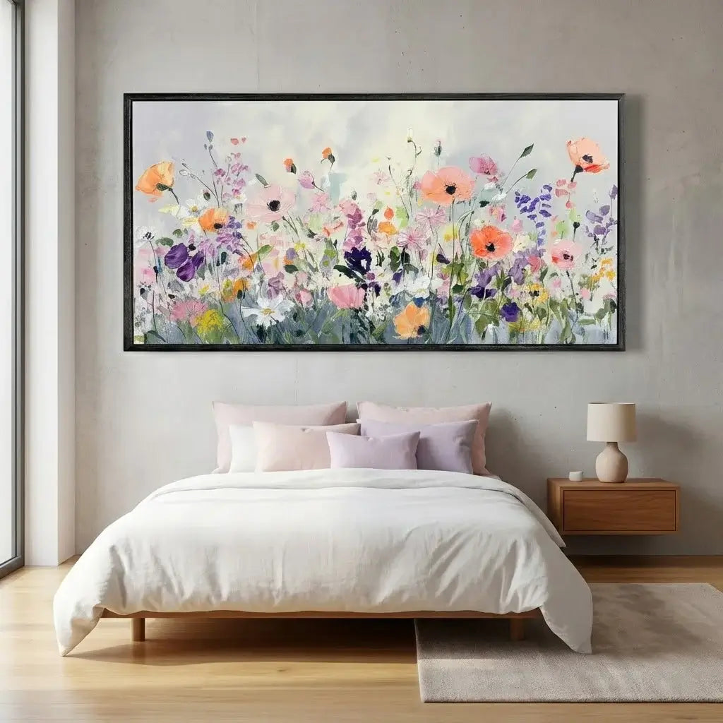 Bedroom with a large floral painting above the bed