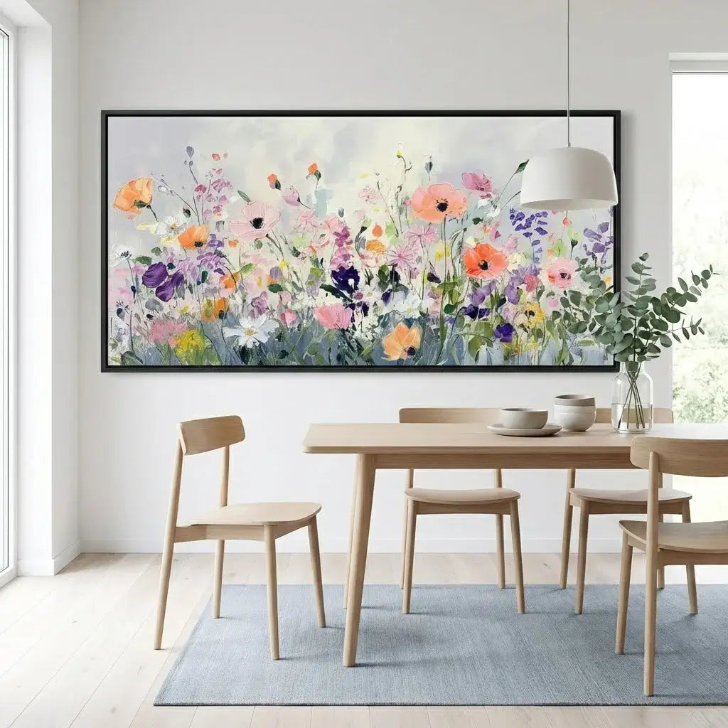 Dining room with a large floral painting on the wall above a wooden table and chairs.