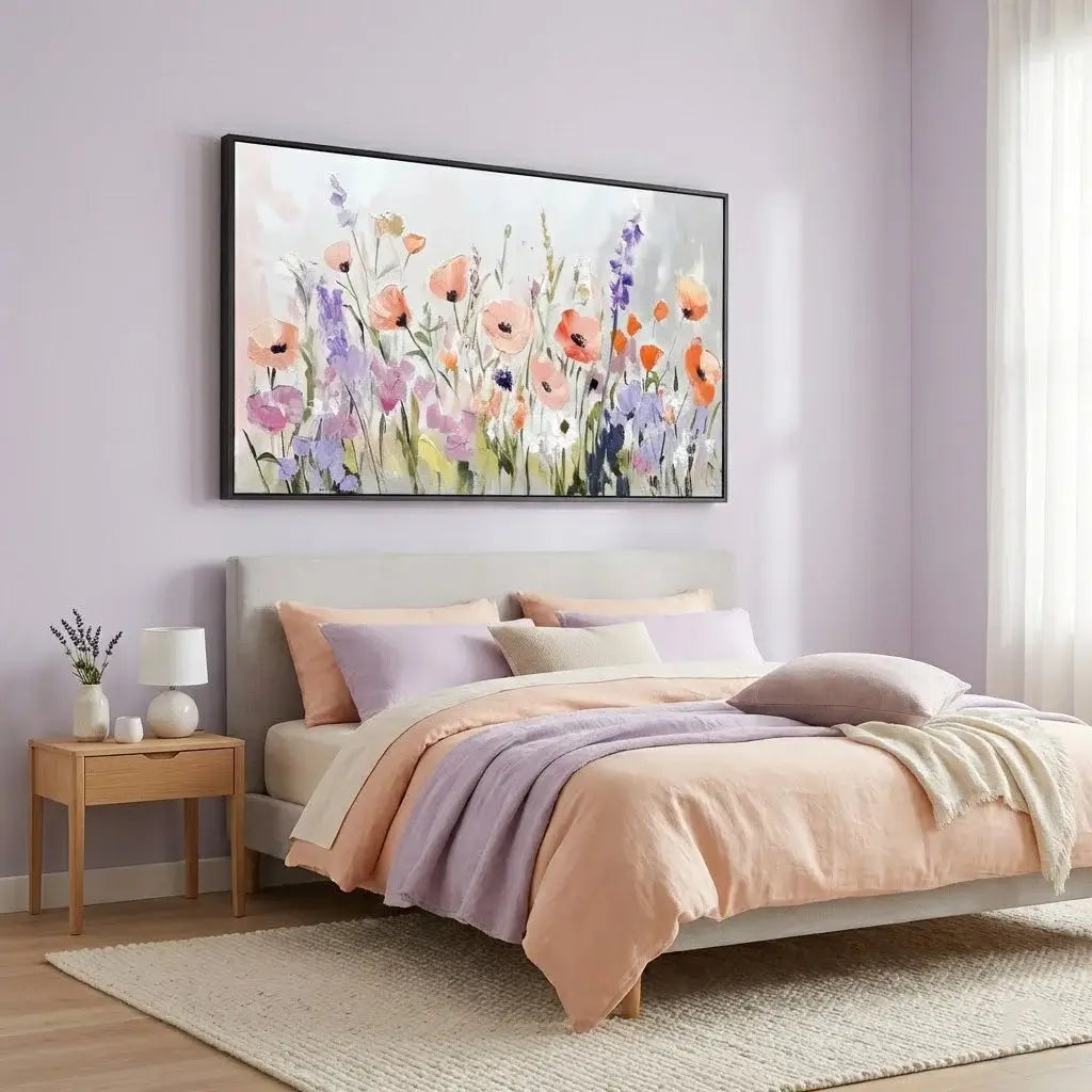 Bedroom with a floral painting on the wall, bed with pink and purple bedding, and side table with lamp.