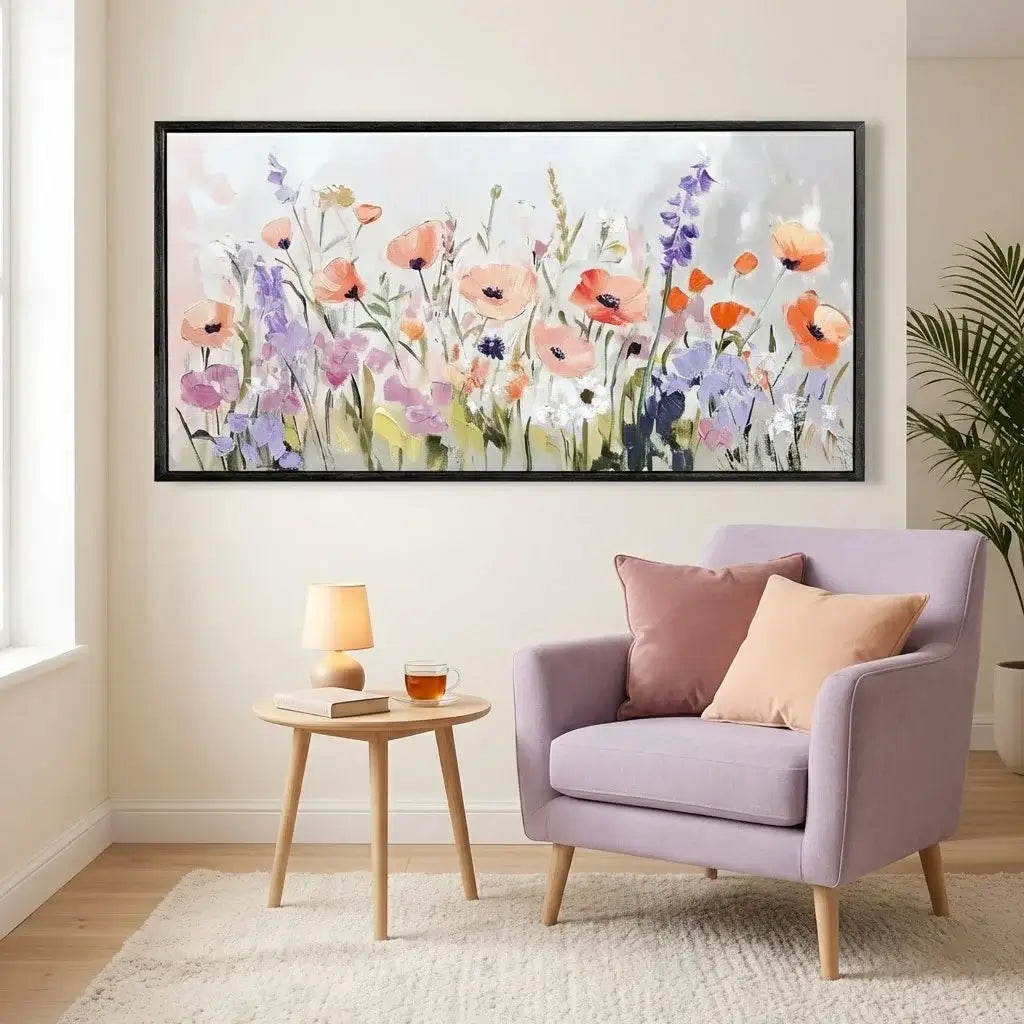 Living room with a purple armchair, side table, and floral painting on the wall.