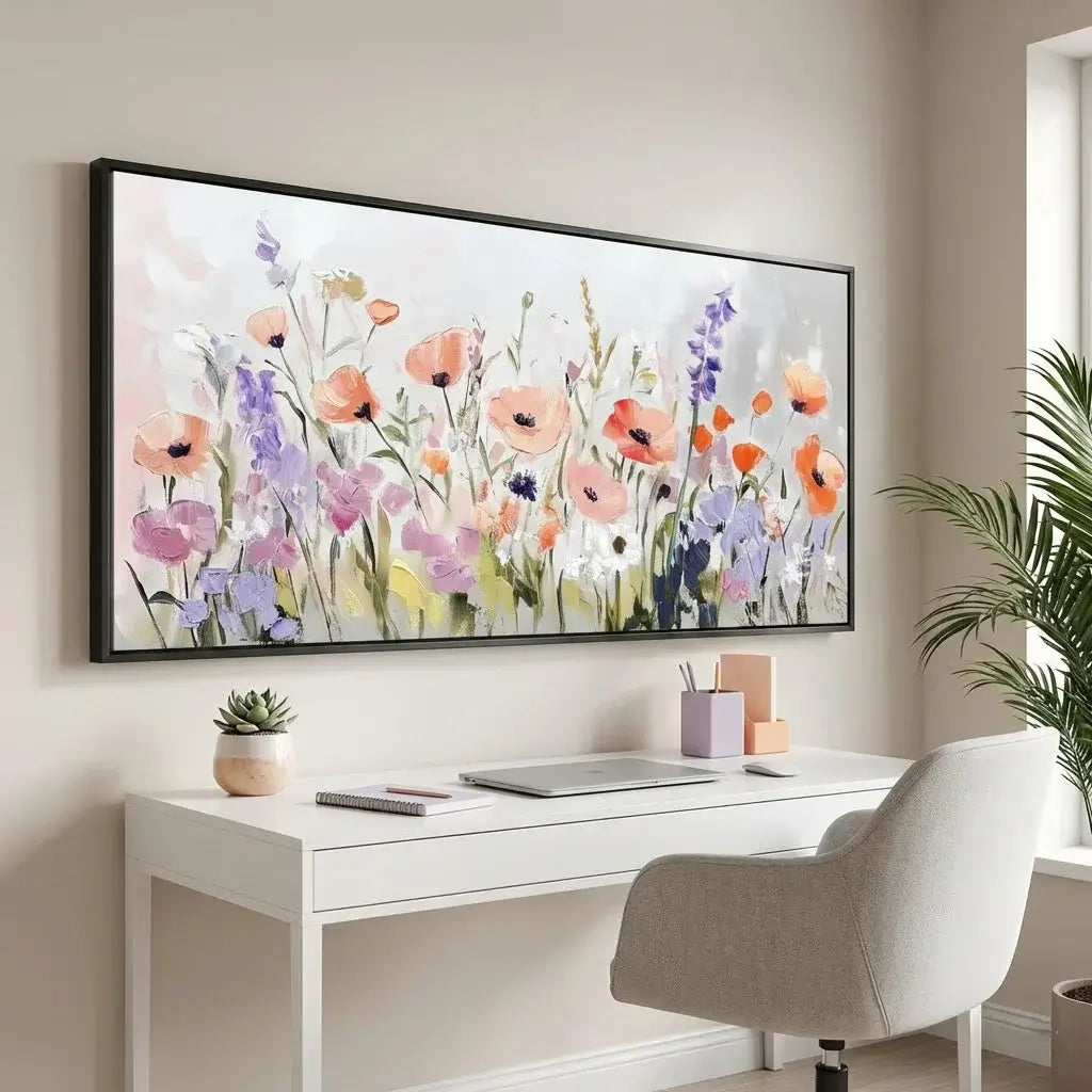 Decorative floral painting on a wall above a white desk with a chair.