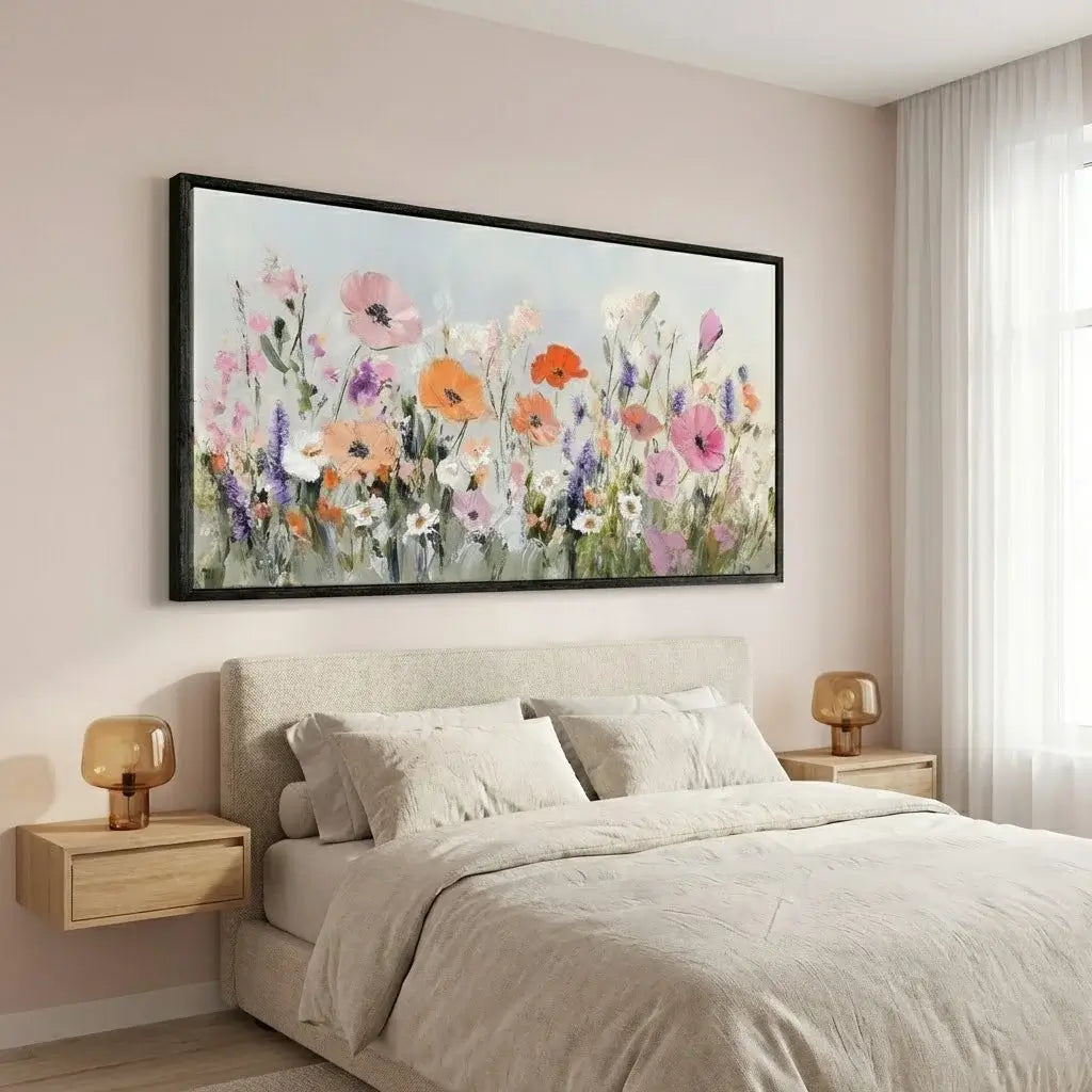 Bedroom with floral artwork on the wall