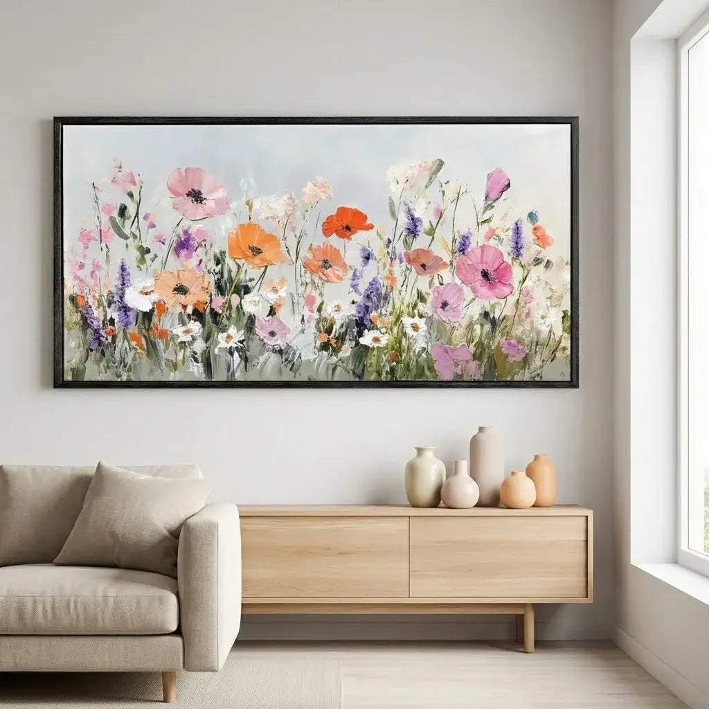 Framed floral painting above a wooden console table in a living room.