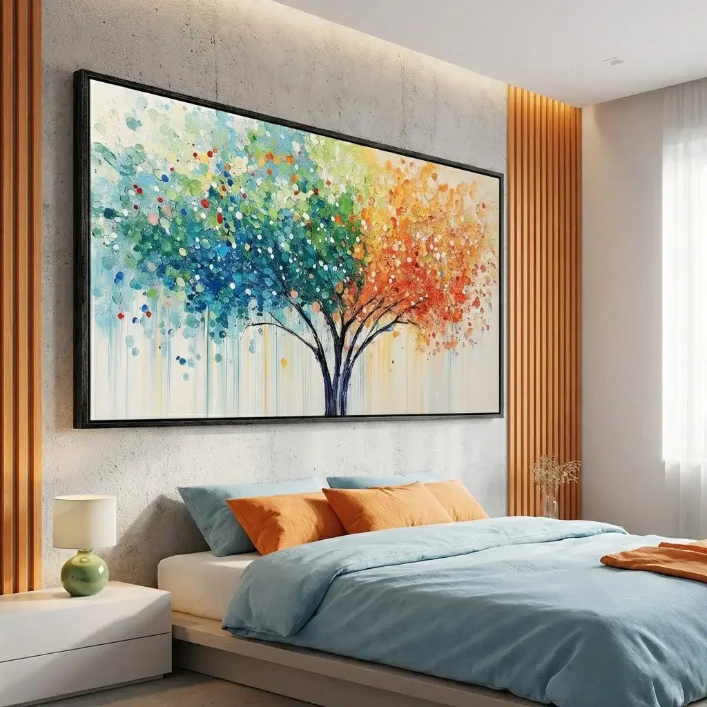 Colorful abstract tree painting on a wall above a bed in a bedroom.
