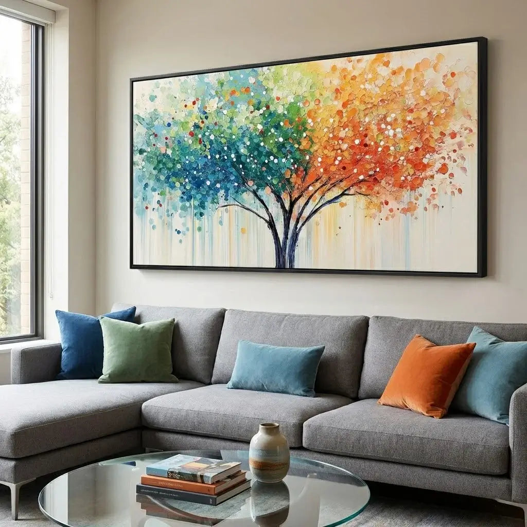 Colorful abstract tree painting above a gray sectional sofa with colorful cushions.