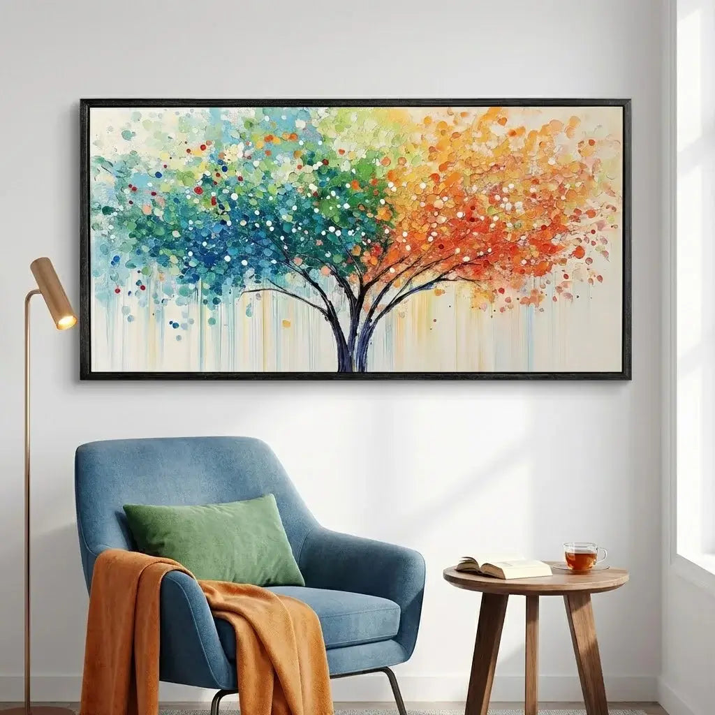 Colorful abstract tree painting on a wall above a blue armchair with a green pillow.