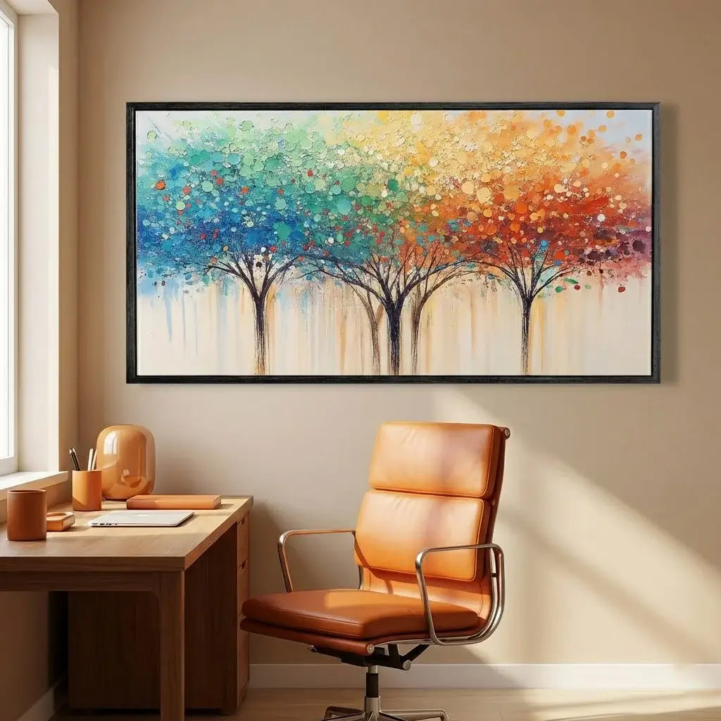 Colorful abstract wall art above a wooden desk with an orange chair.
