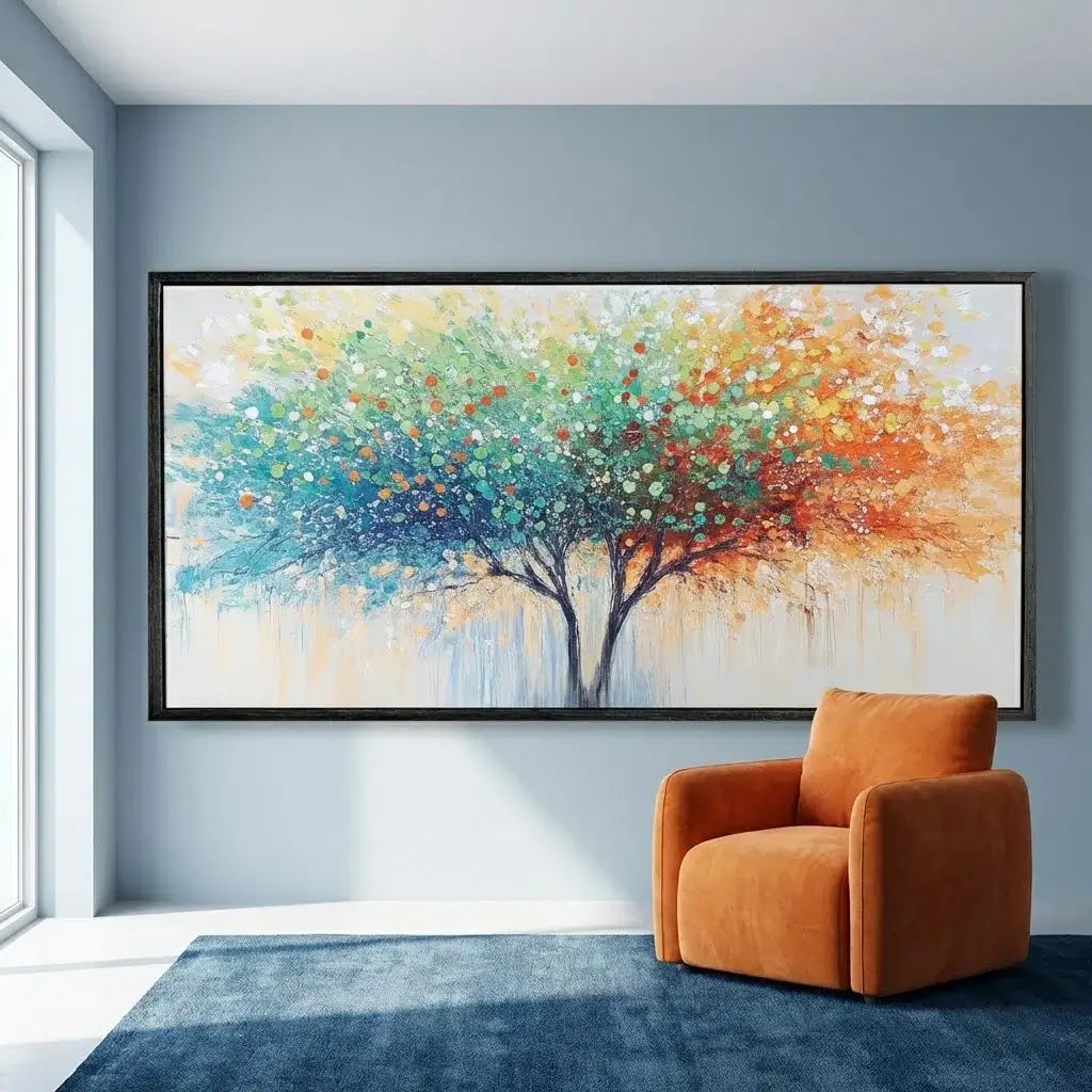 Colorful abstract tree painting on a wall above an orange armchair in a room.