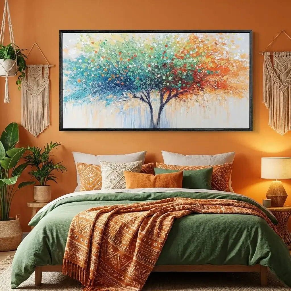 Bedroom with a colorful abstract painting of a tree on an orange wall.