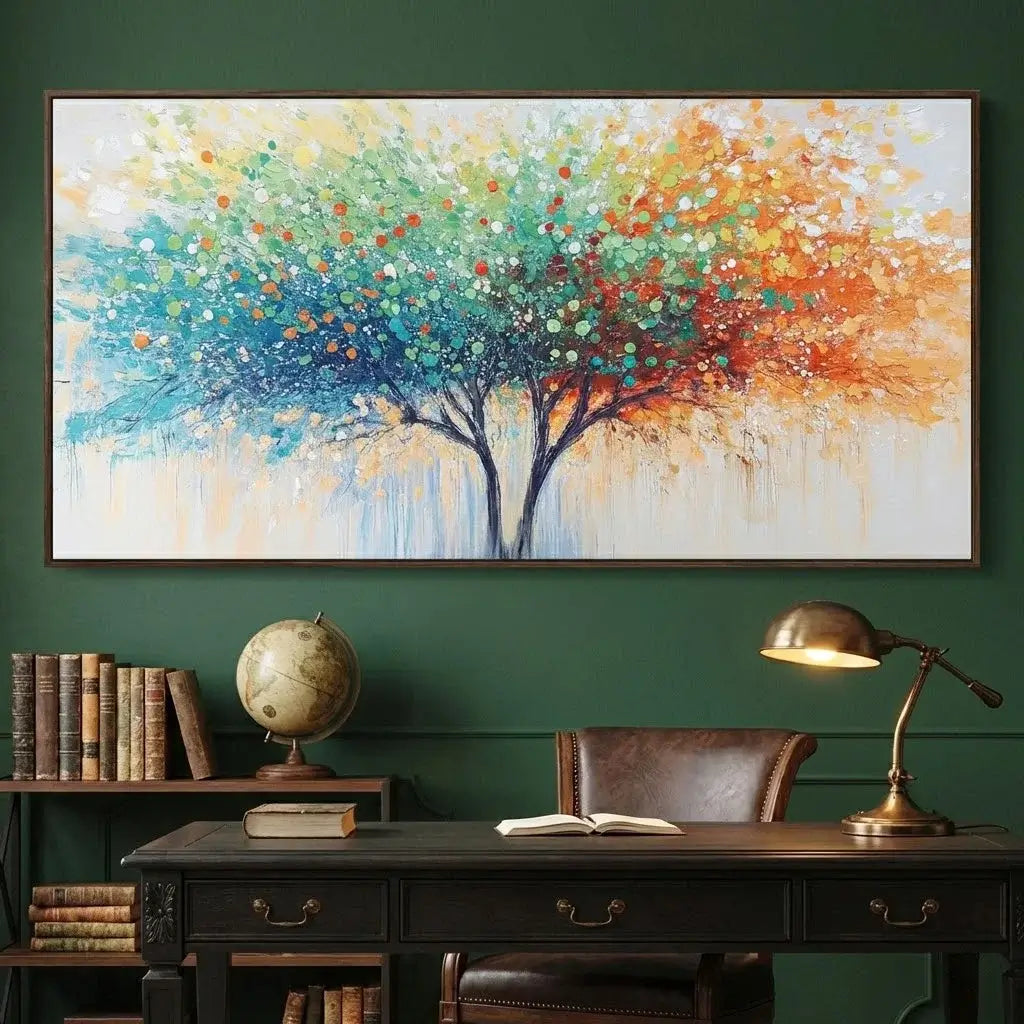Colorful abstract tree painting on a green wall above a desk with books and a globe.