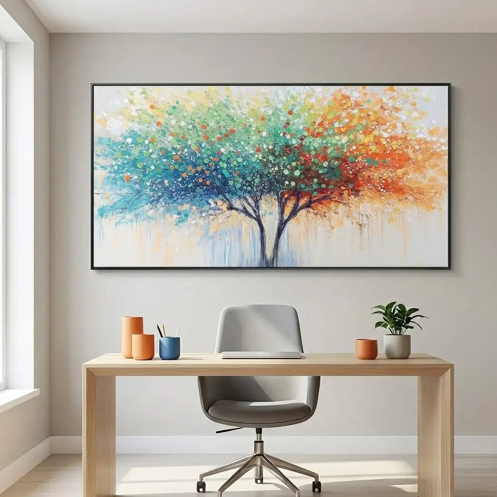 Colorful abstract tree painting above a desk with office furniture.