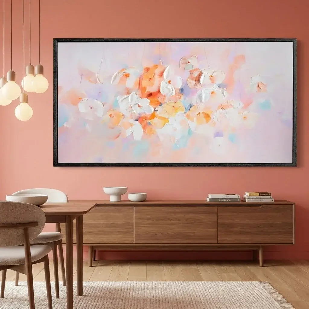 Dining room with a large abstract painting on the wall, wooden table, and chairs.