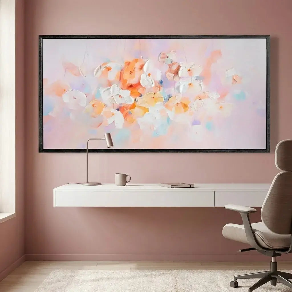 Modern office setup with a large abstract painting on the wall, desk, and chair.
