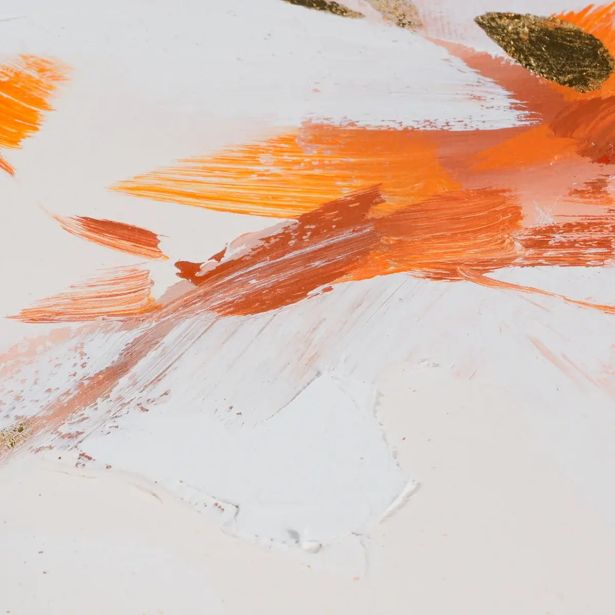 Abstract art with orange and white brush strokes on a textured surface